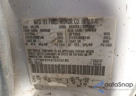 2001 Ford F-250 Xl/Xlt из США, поврежденный, VIN 1FTNF21F41EA76103